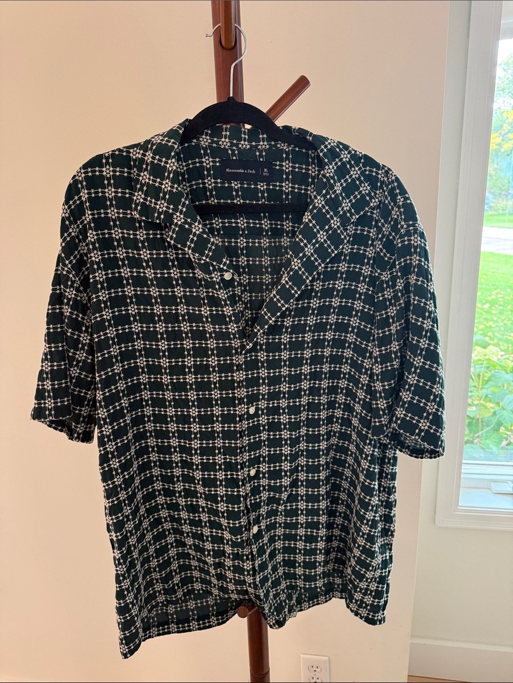 Abercrombie & Fitch Green and White Windowpane Button-Down Shirt